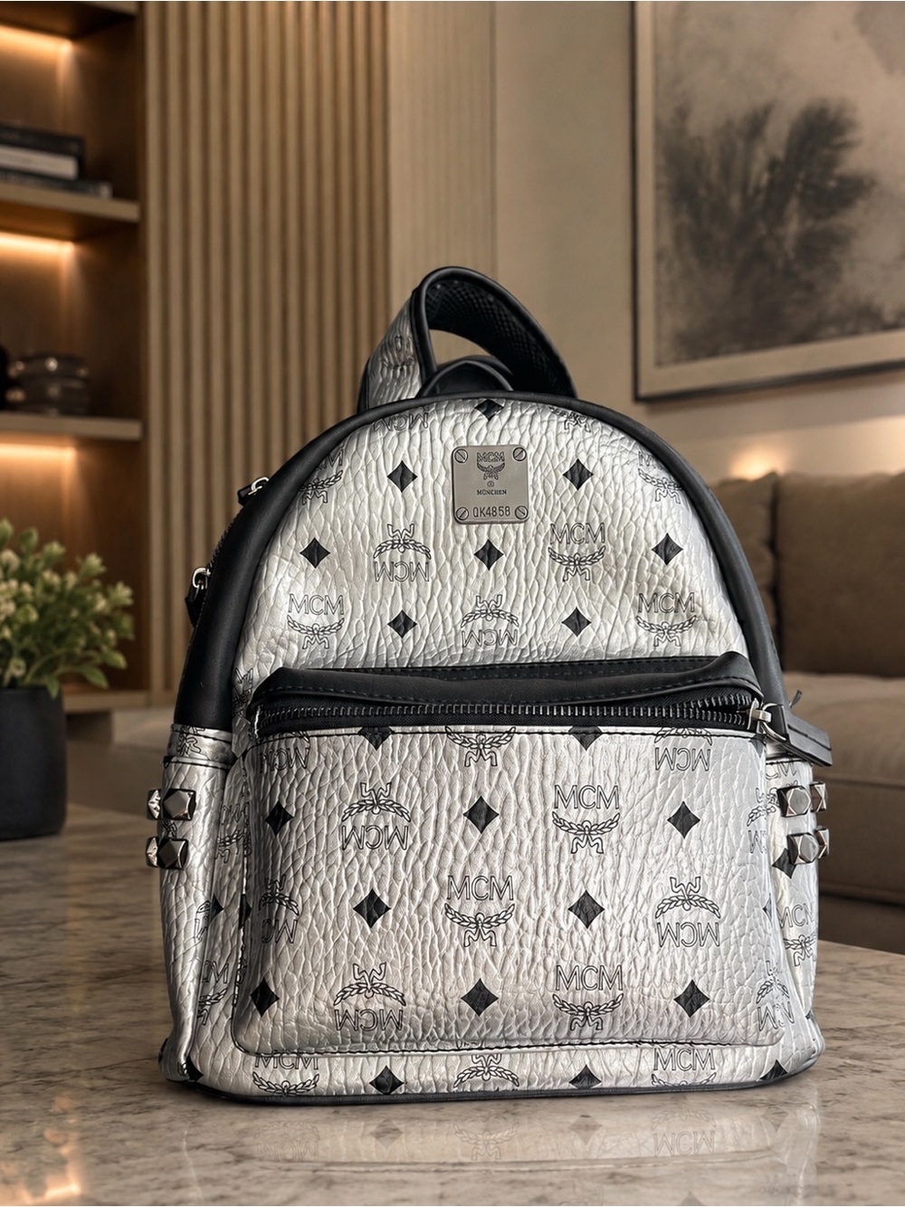 MCM Silver and Black Logo-Print Leather Backpack